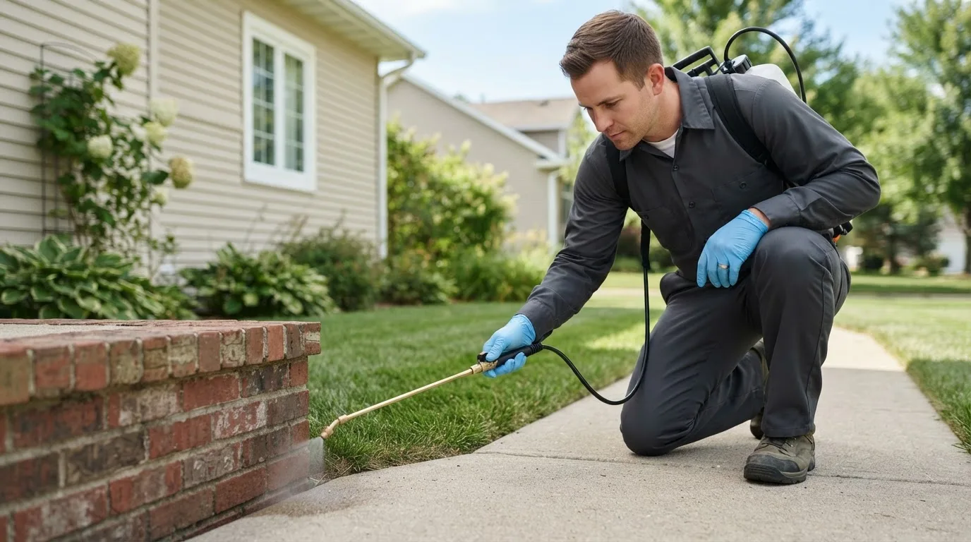 Pest control technician treating a home near Shullsburg, WI